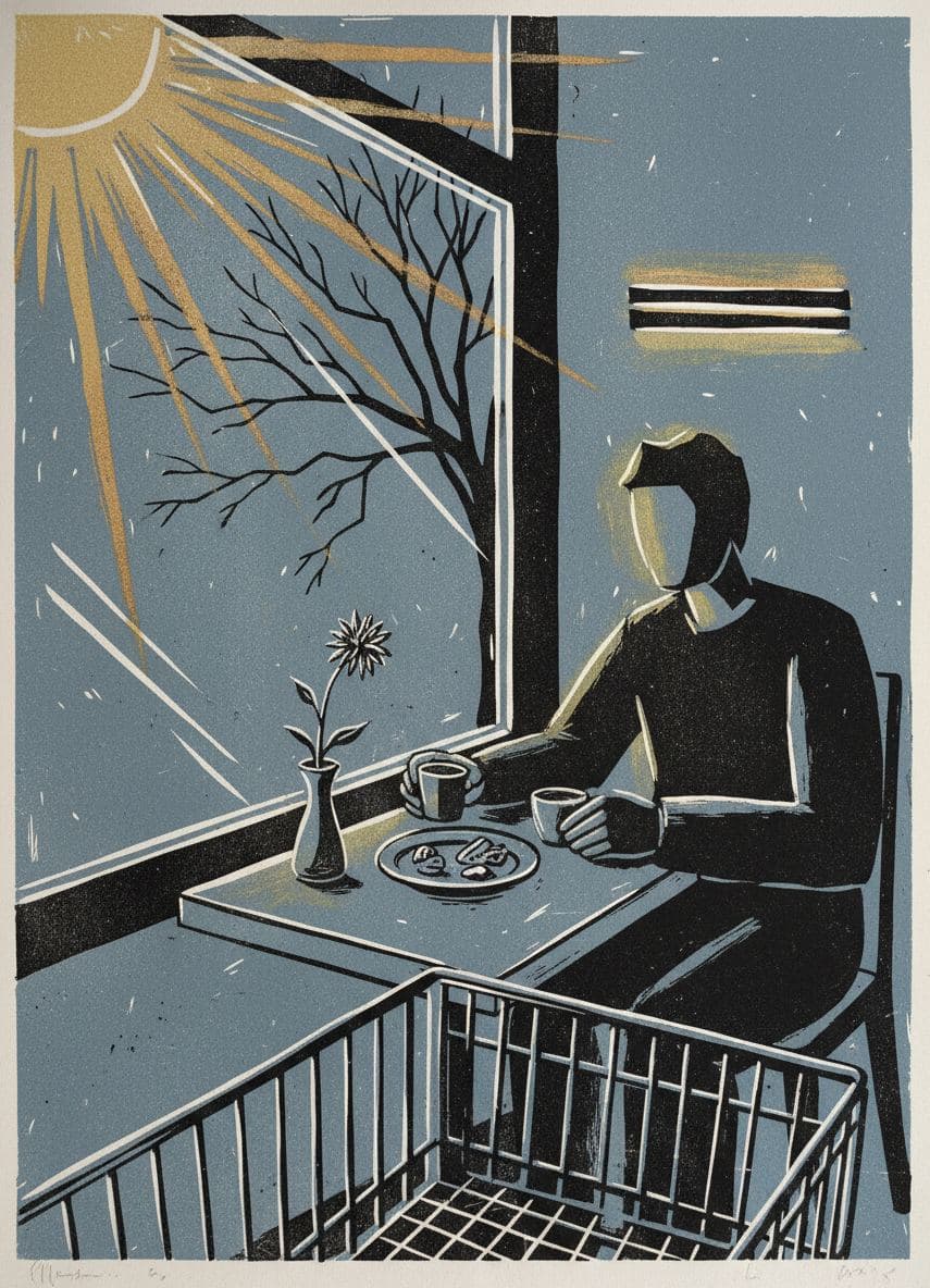 Mira Reaching for the Coffee — print by Irmela Bechmann — MODULAR · a one-of-a-kind original