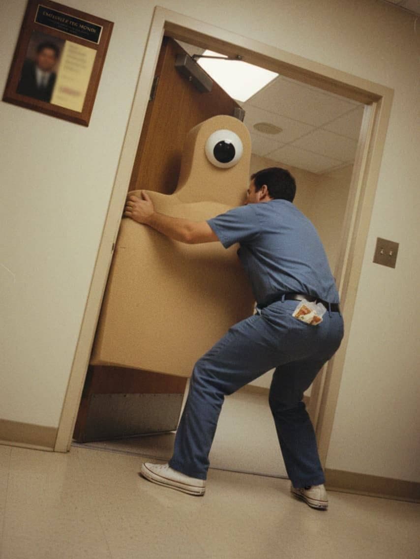 Orderly with Deflated Thumbs-Up, Hallway — photograph by Lars Jonsen — MODULAR · a one-of-a-kind original