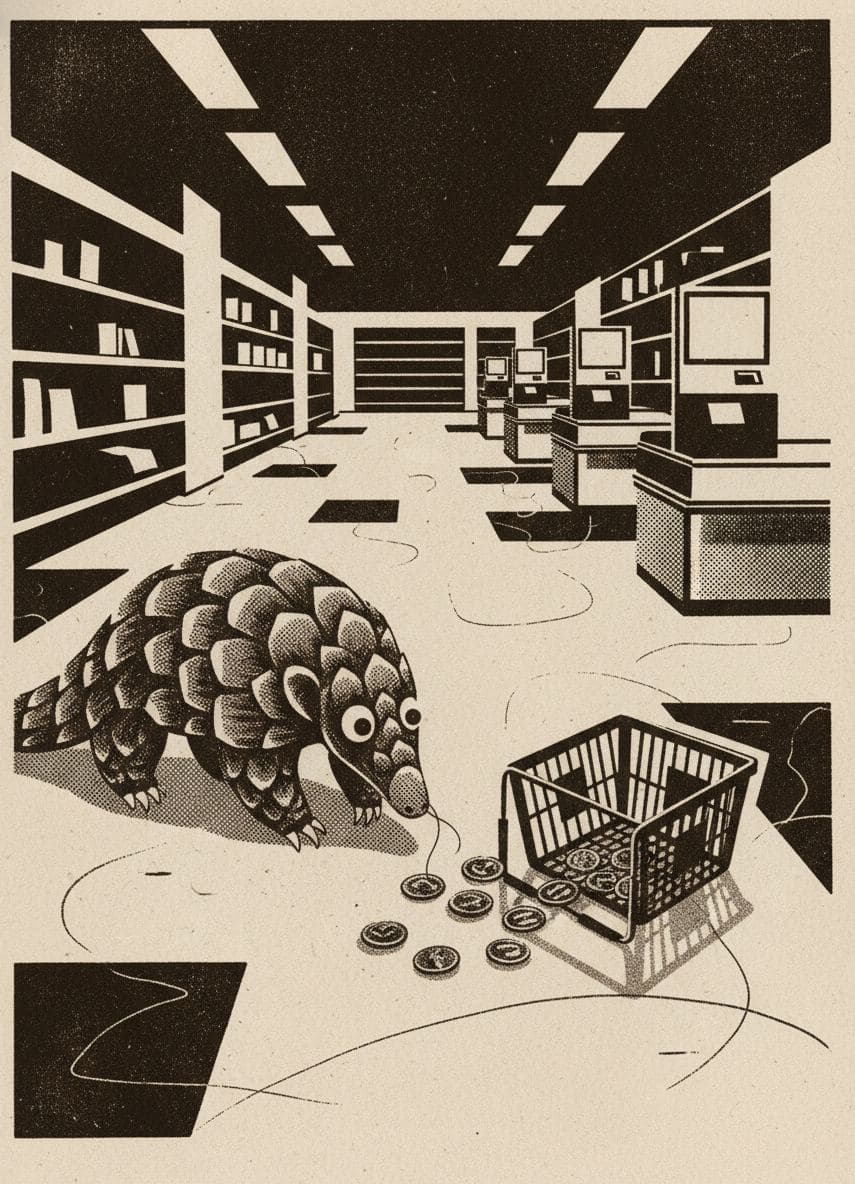 Pangolin Hesitates at Checkout — print by Anya Pietrowski — MODULAR · a one-of-a-kind original
