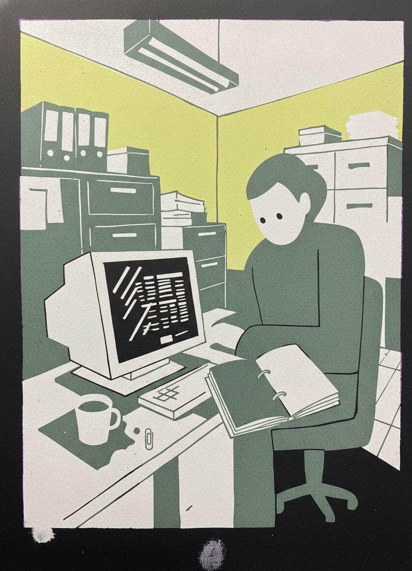 Proofreading the Spreadsheet — print by Irmela Bechmann — MODULAR · a one-of-a-kind original