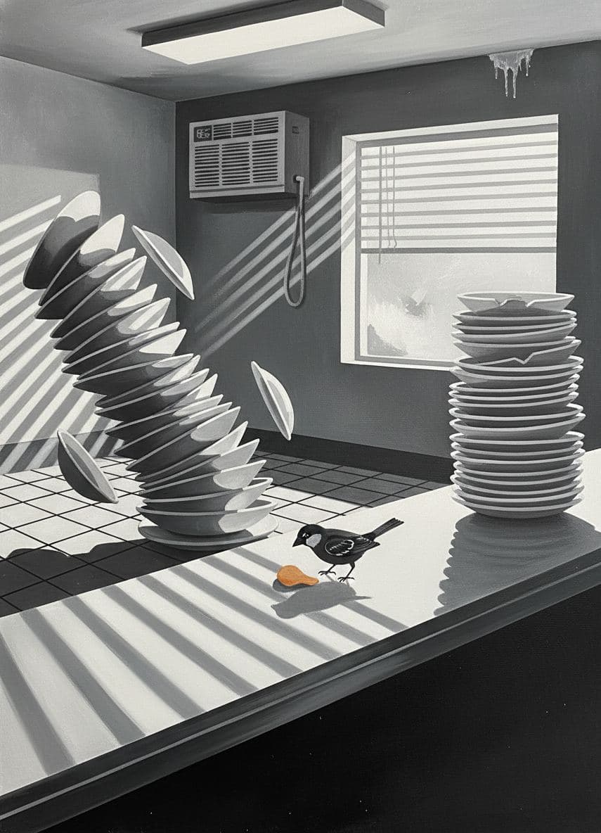 Sparrow Ignores the Falling Plates — abstract work by Viktor Eklund — MODULAR · a one-of-a-kind original