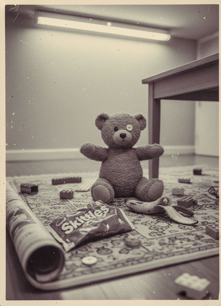 Teddy Bear Watching the Debris — collage by Irmela Bechmann — MODULAR · a one-of-a-kind original