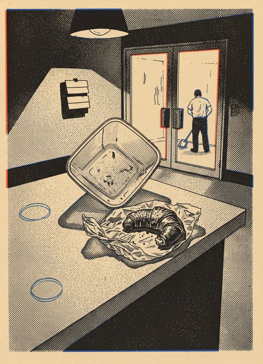 The Attendant Pushes the Mop — print by Hilda Prosser — MODULAR · a one-of-a-kind original
