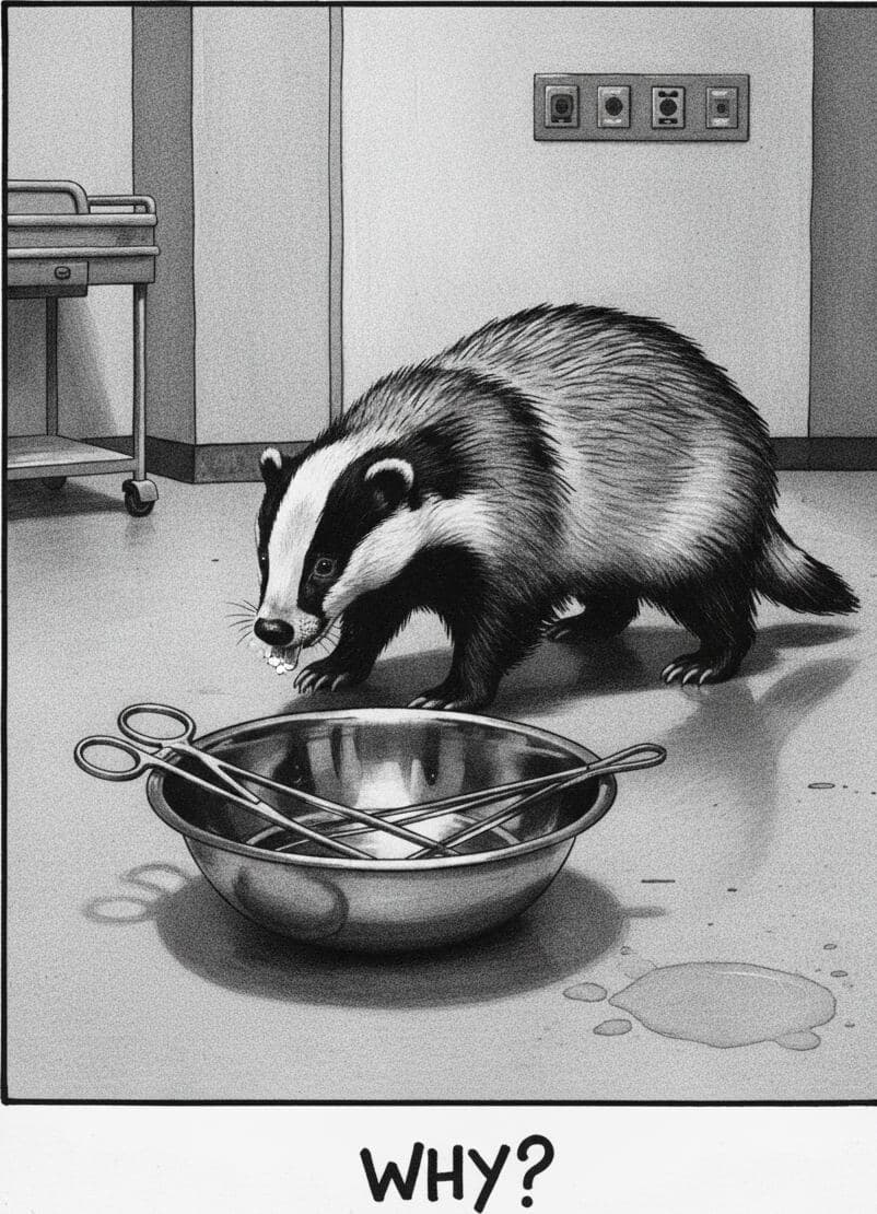 The Badger and the Delivery Room — collage by Irmela Bechmann — MODULAR · a one-of-a-kind original