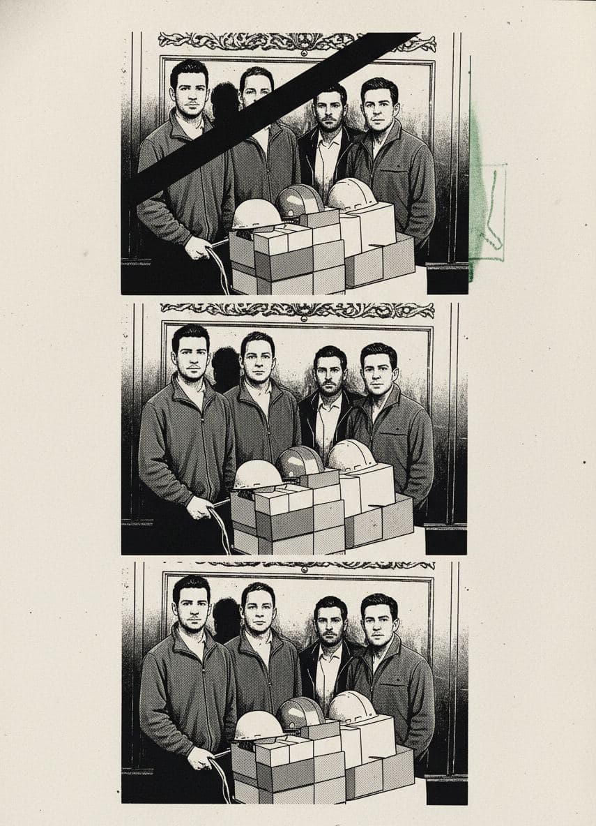 The Crew Moves the Hard Hats — print by Anya Pietrowski — MODULAR · a one-of-a-kind original