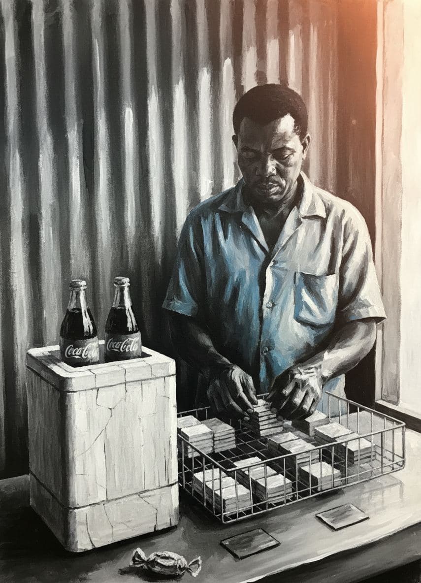 The Kiosk Operator Arranging Rothmans — abstract work by Viktor Eklund — MODULAR · a one-of-a-kind original