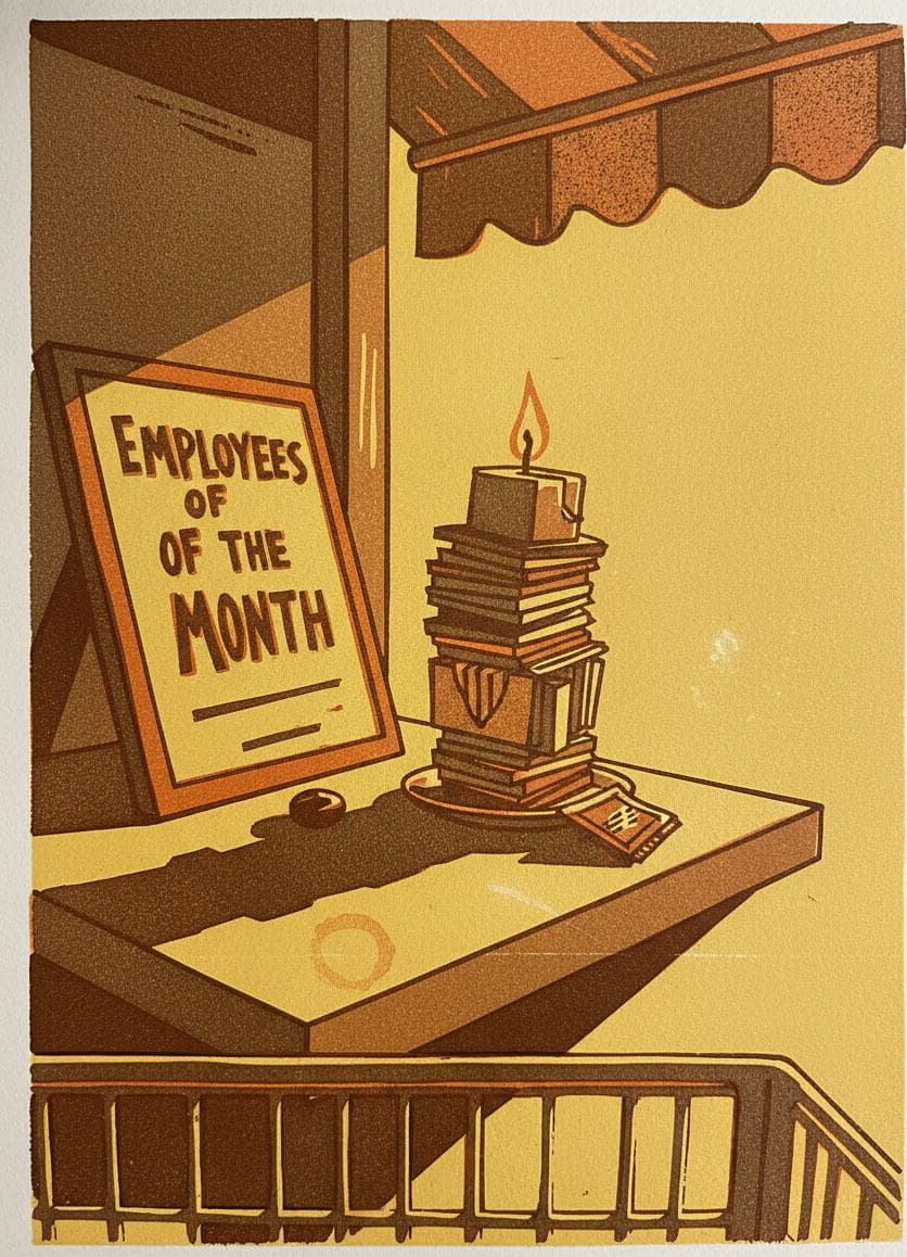 The Plaque and the Cappuccino — print by Hilda Prosser — MODULAR · a one-of-a-kind original