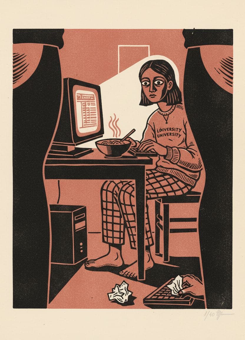 The Private Spreadsheet Vigil — print by Yuko Shimizu-Tachibana — MODULAR · 13 × 18 cm limited edition of 10