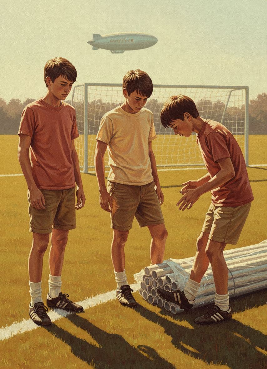 Three Boys and the Yellow Blimp — abstract work by Viktor Eklund — MODULAR · 13 × 18 cm limited edition of 10