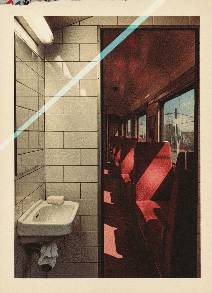 Train Carriage and the Empty Lavatory — collage by Irmela Bechmann — MODULAR · a one-of-a-kind original