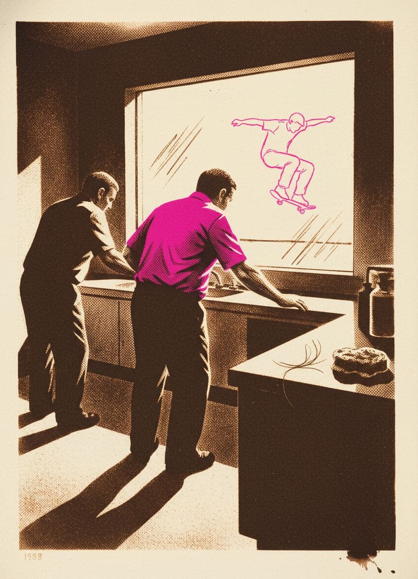 Two Janitors Beneath a Fluorescent Light — print by Hilda Prosser — MODULAR · a one-of-a-kind original