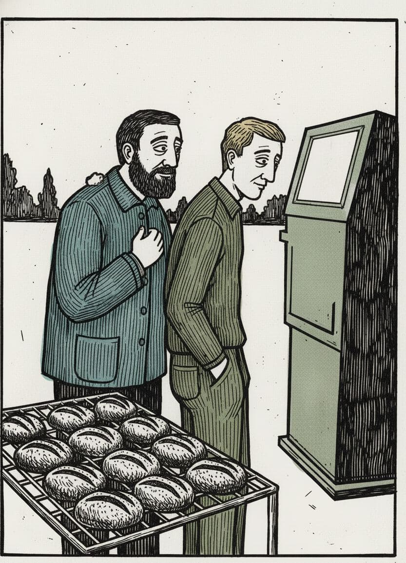 Walter Examining the Butcher Tag — print by Yuko Shimizu-Tachibana — MODULAR · a one-of-a-kind original