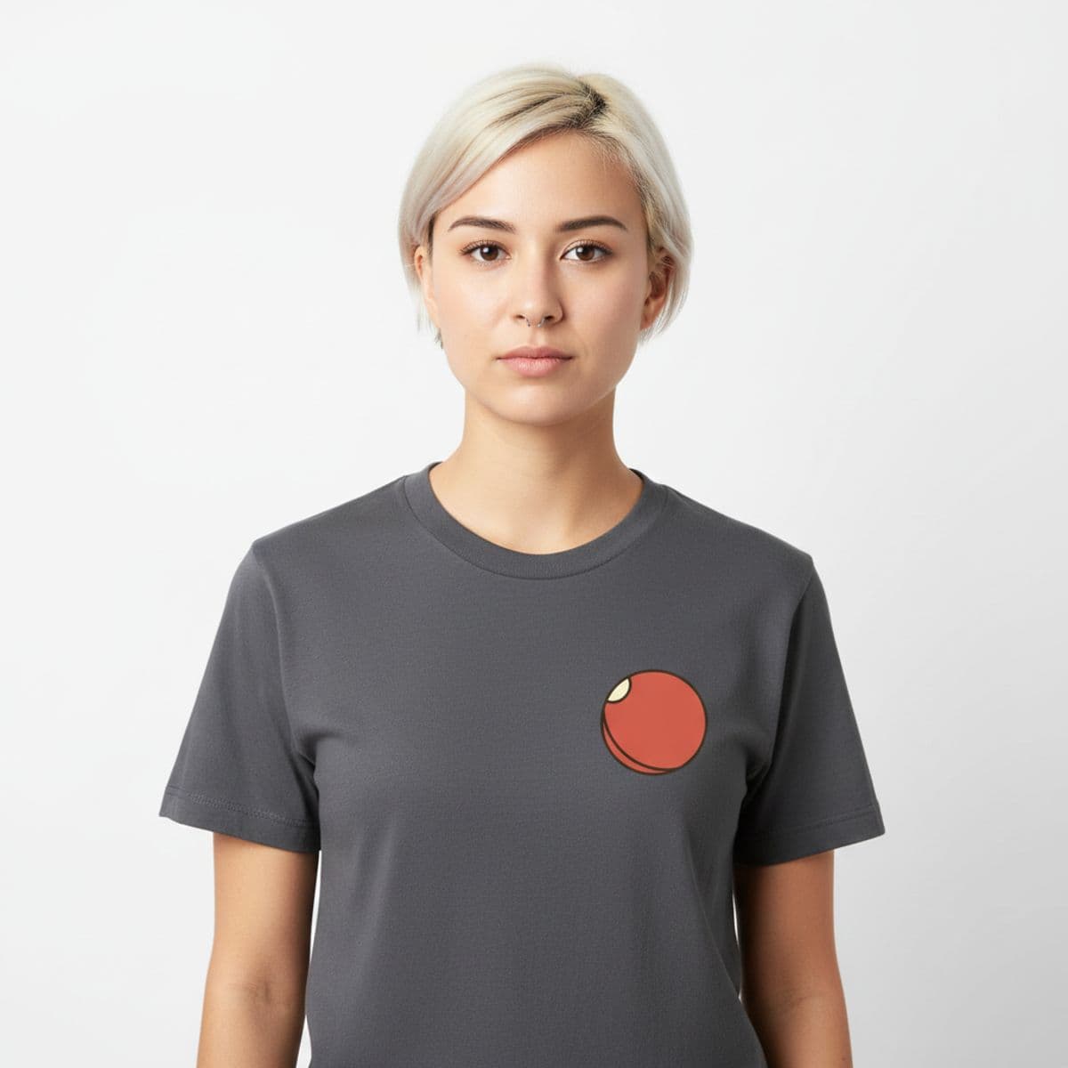 Bathroom Reflection with a Lost Orb printed on a t-shirt, worn