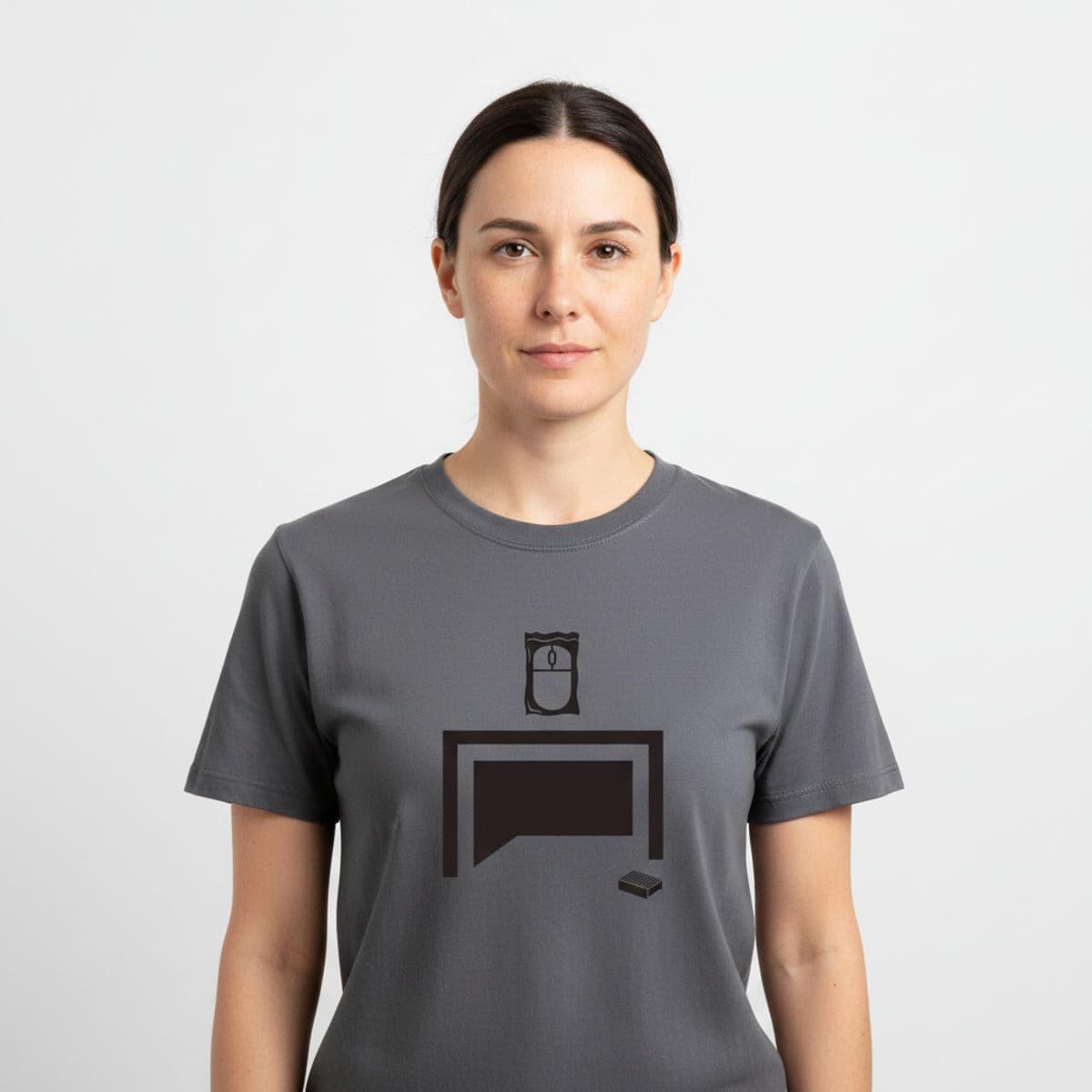 Cubicle Desk with a Cellophane Mouse printed on a t-shirt, worn