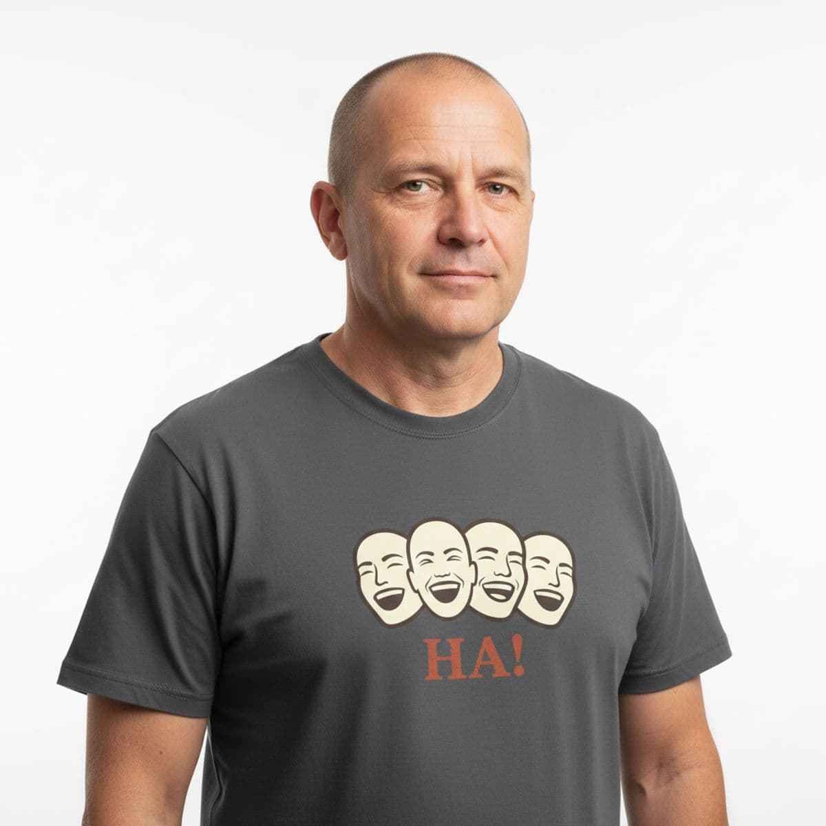 Feigning Amusement at a Pictogram printed on a t-shirt, worn