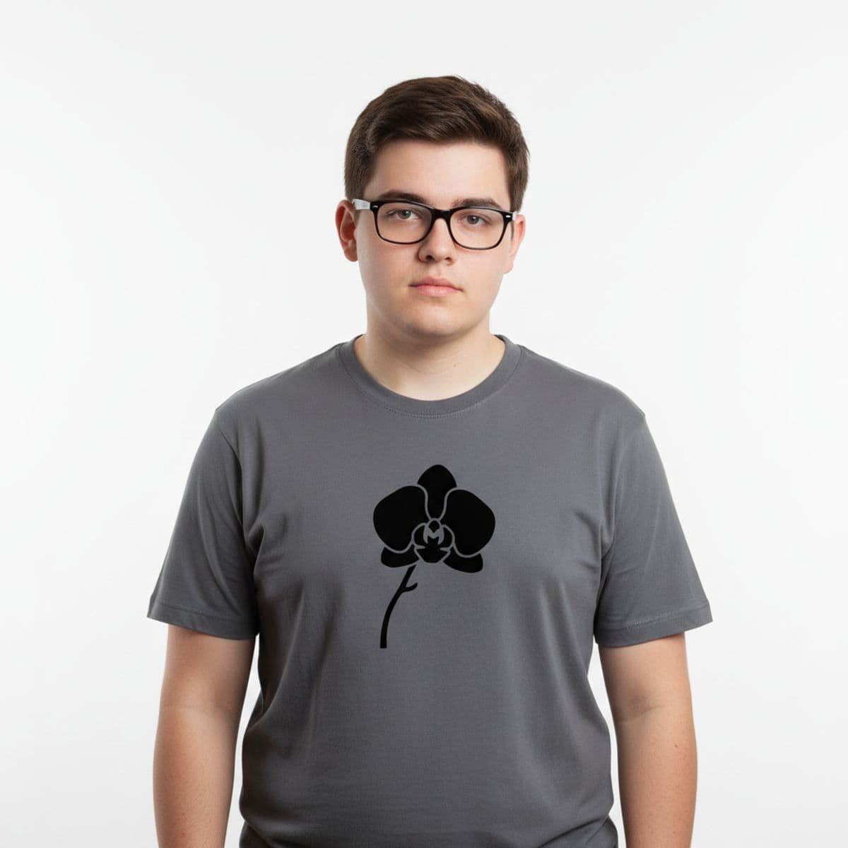 The Bruised Orchid and the Flare printed on a t-shirt, worn
