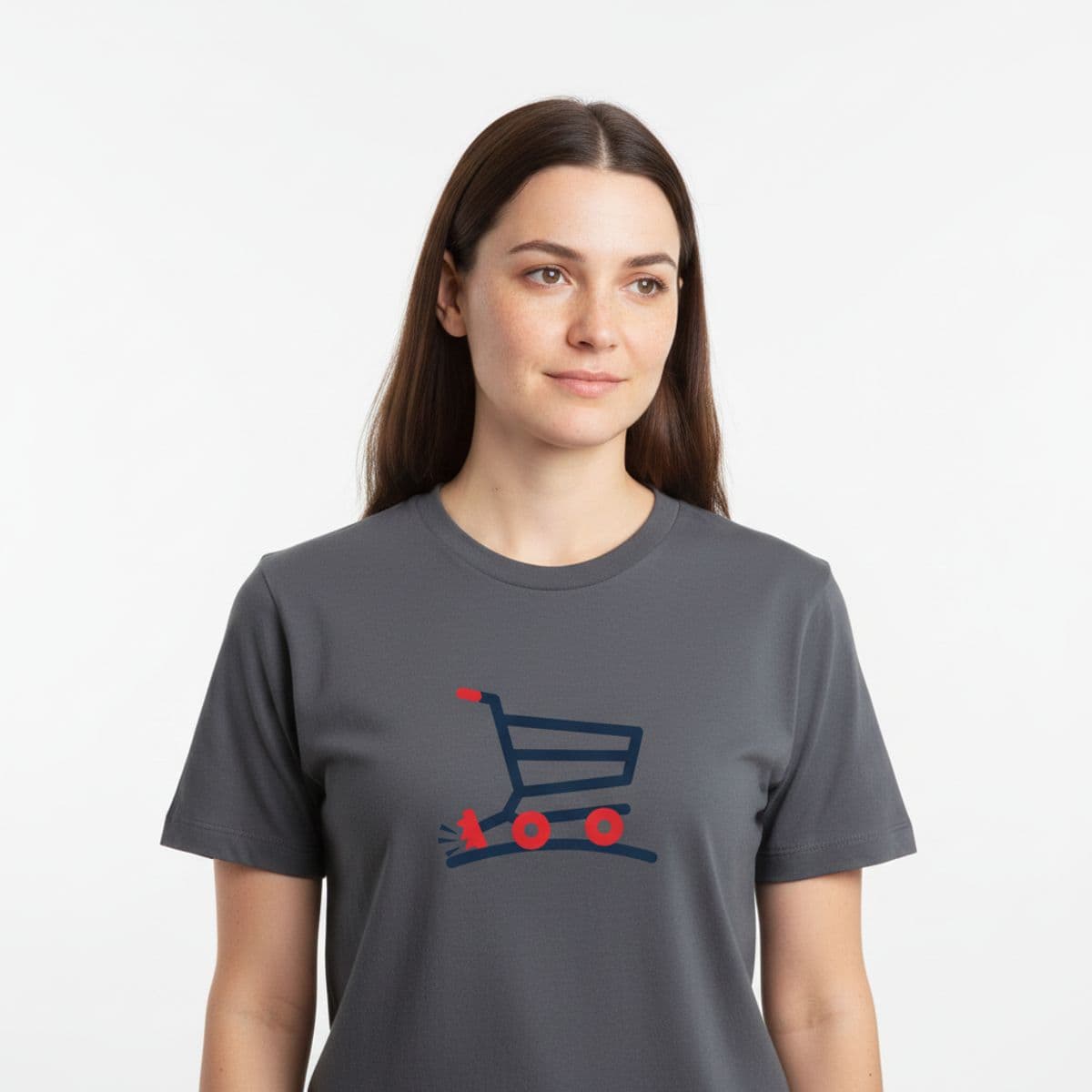 The Cart Listing on Three Wheels printed on a t-shirt, worn