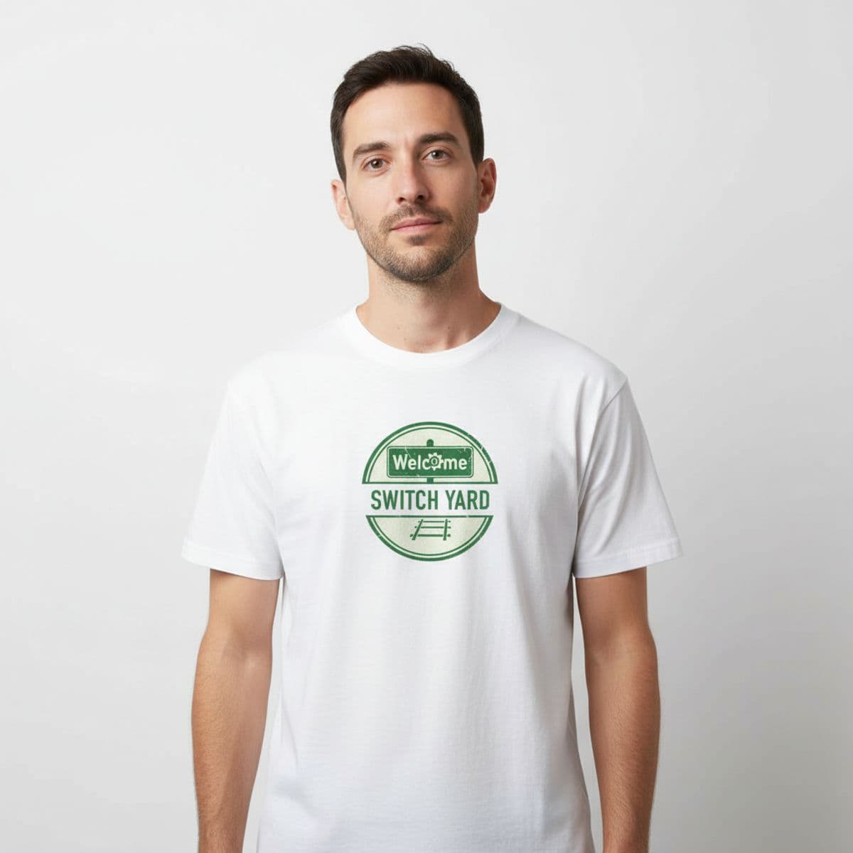 The Magenta Racer on Unused Track printed on a t-shirt, worn
