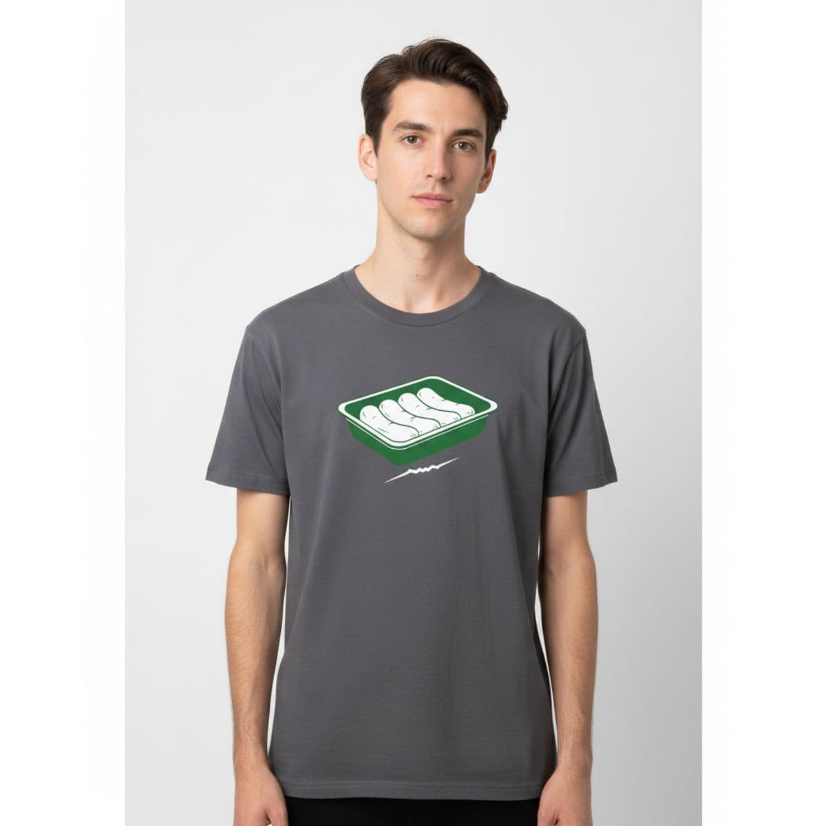 The Sausages Are Finally Ringing Up printed on a t-shirt, worn
